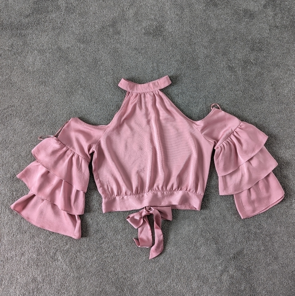 Chic Blush Pink Ruffle Sleeve Crop Top by Jealous Tomato - Size L